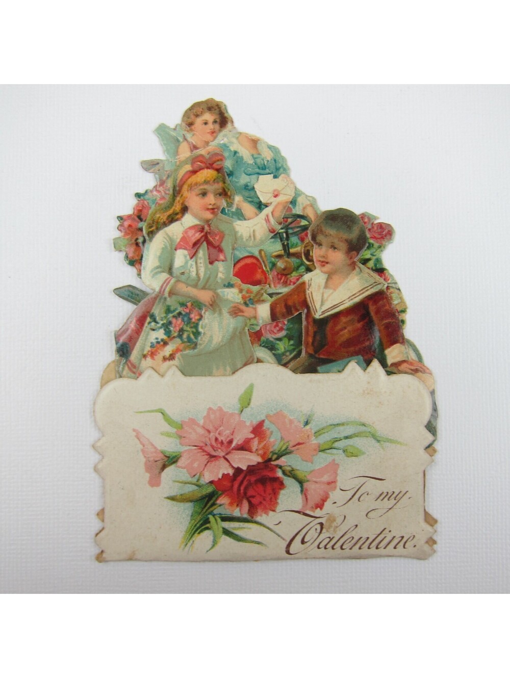 Vintage Valentine 3D Pop Up Die Cut Blonde Girl Boy Sailor Suit Pink Rose Flower